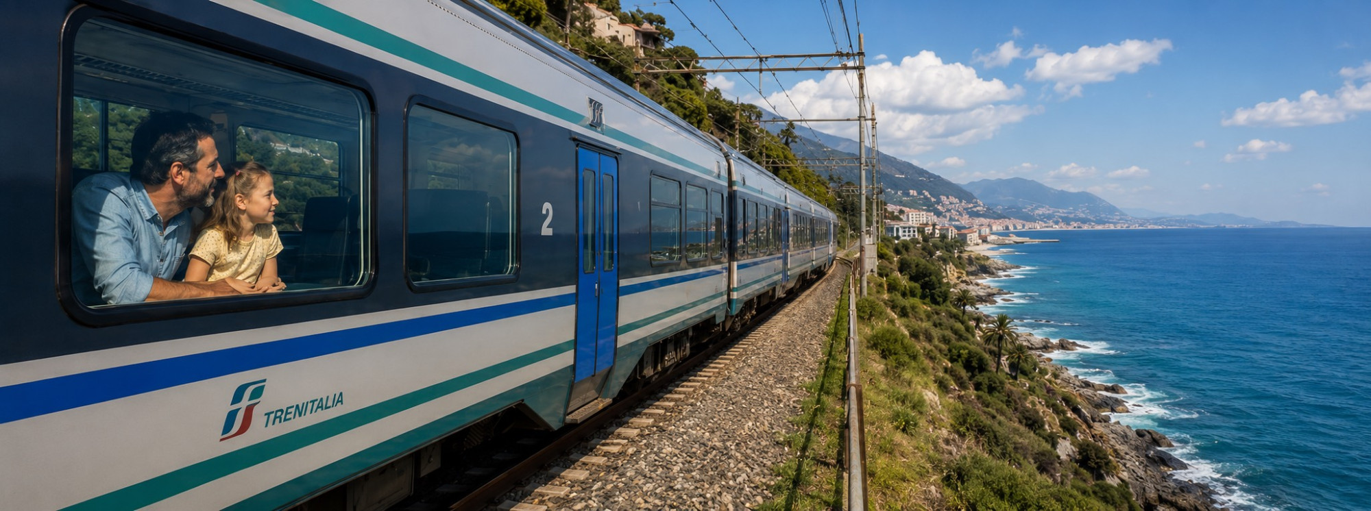 Padre e figlia in viaggio dalle Cinque Terre a Genova in treno