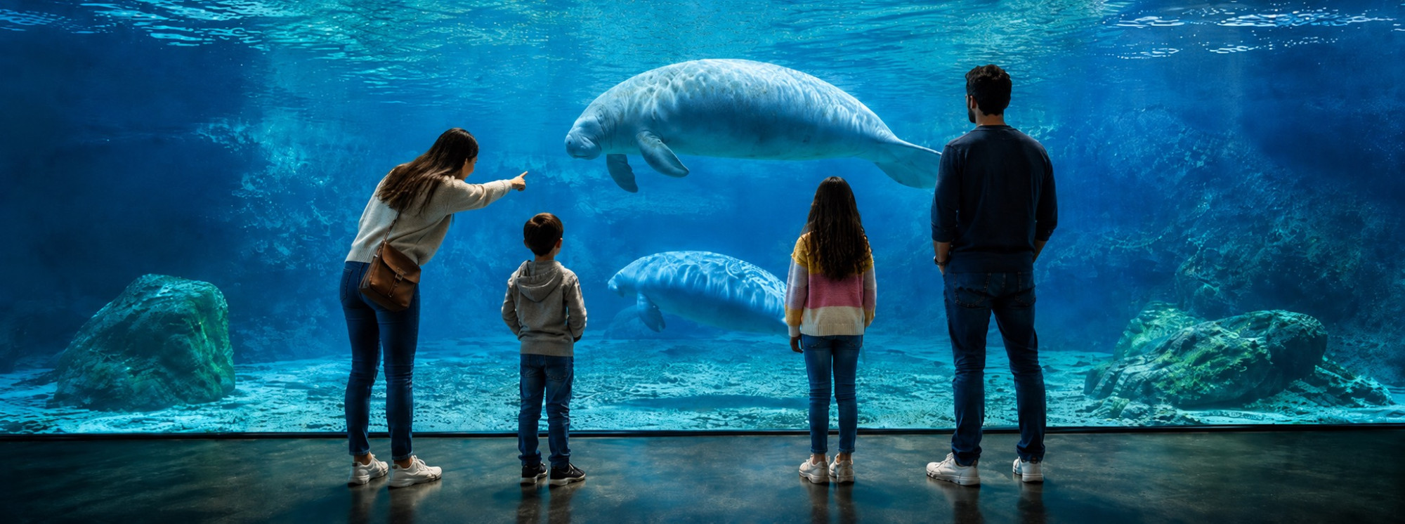 Una famiglia osserva i lamantini all'Acquario di Genova