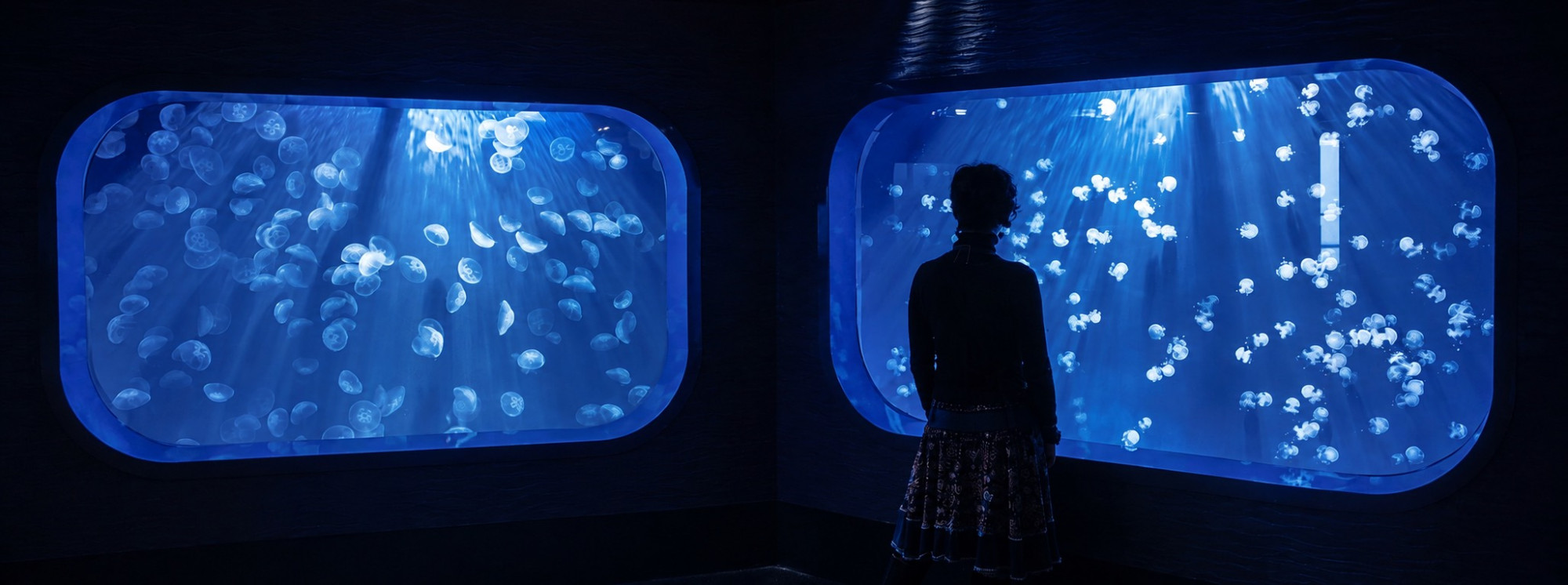Una visitatrice osserva le meduse all'Acquario di Ge
